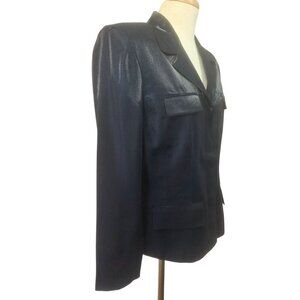 Ann Taylor 90s Y2K Fitted Shimmery Navy Blazer Womens Sz 12 Faux Flap Pockets